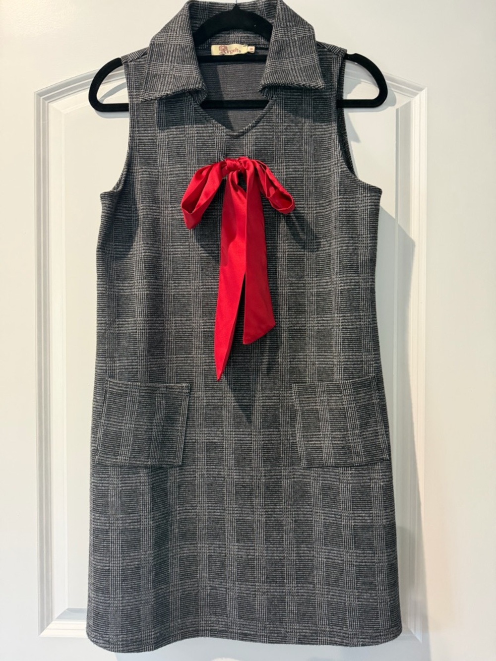 Aryeh Gray Plaid Shift Dress with Red Bow Tie